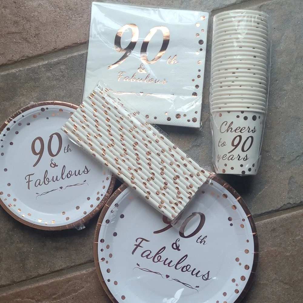 New! Set of 90th Birthday celebration party disposable tableware for 24